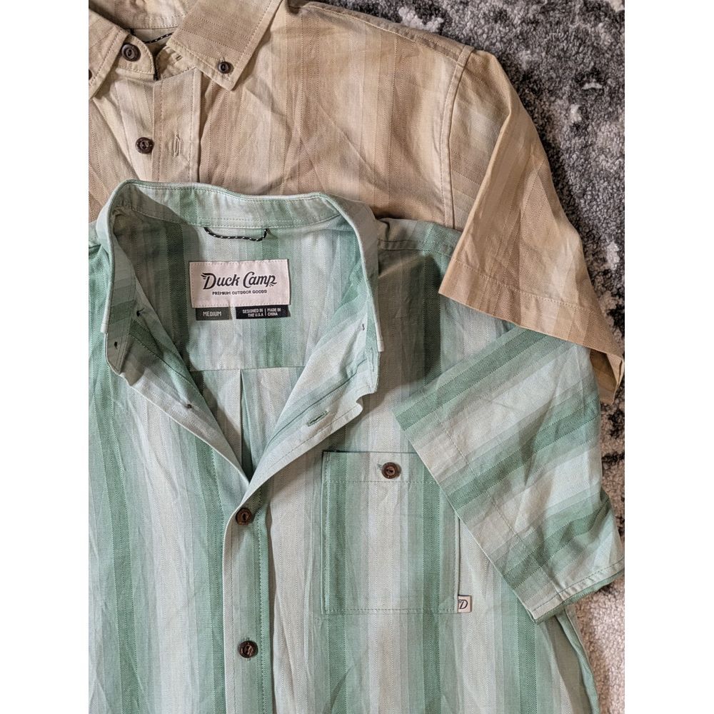 2 Duck Camp Short Sleeve Button Front‎ Shirt Mens Green Blue Striped Medium